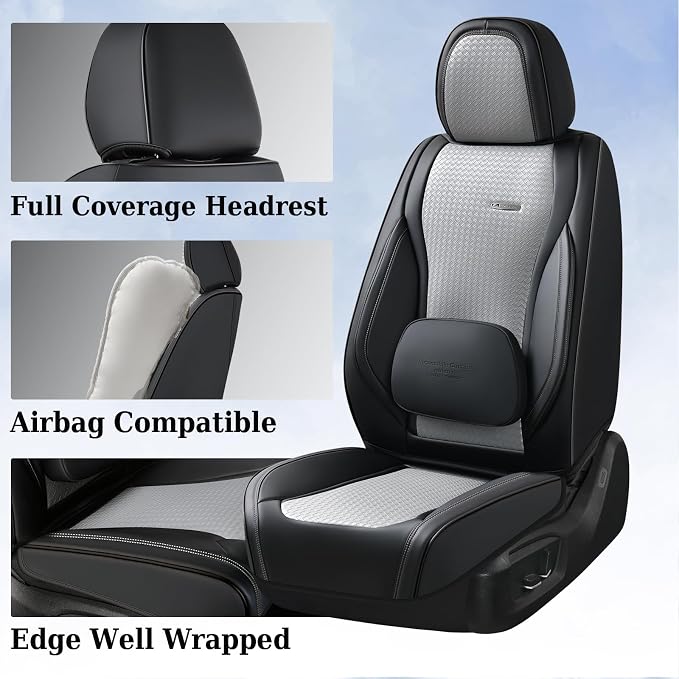 Coverado Seat Covers, Car Seat Covers Front Seats, Waterproof Nappa Leather Auto Seat Cover with Lumbar Head Pillow, Black Gray Seat Covers Carseat Cover Universal Fit for Most Cars