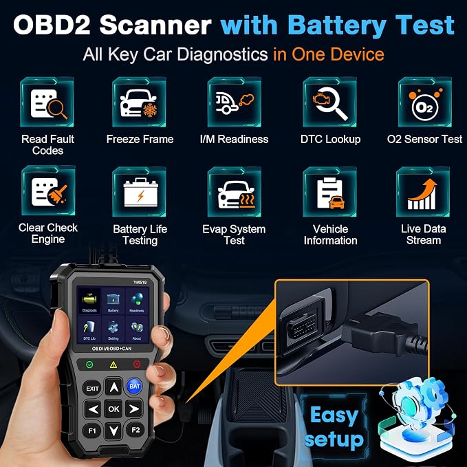 AMTIFO OBD2 Scanner with Battery Tester - Check Engine Light & Emissions Readiness, Plug & Play, Battery Health, Real-Time Date, Car Code Reader, Support All OBD II Vehicles