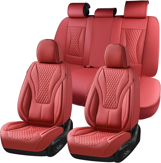 Coverado Waterproof Nappa Leather Car Seat Covers Full Set, Red 5-Seat Car Seat Protector, Front & Rear Cushions Fit for Most Sedans, SUVs, Pick-up Trucks