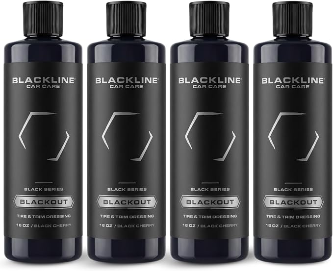 Blackline Car Care - Blackout Trim & Tire Dressing - Best Tire Shine No Sling Formula - Water Based Protection for Car Tires & Trim - Safe for Cars, Trucks, SUVs & More - 16 fl oz (Pack of 4)