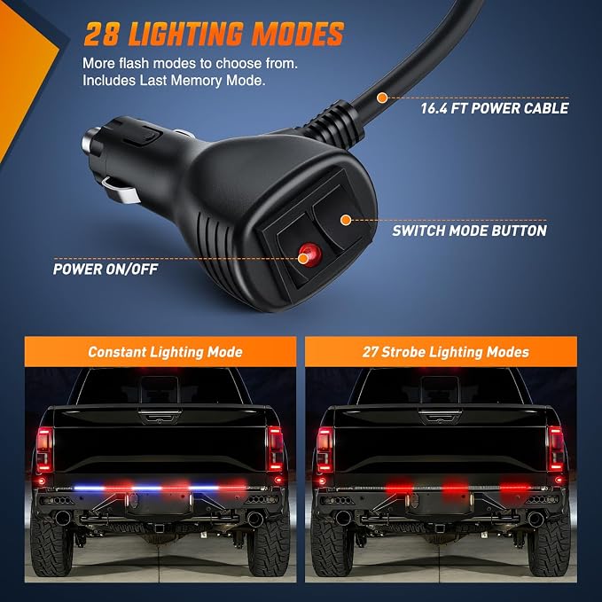 Nilight 48 Inch Truck Tailgate Strobe Light Strip Tail Emergency Bar Rear Window Warning Lamp Ultra-Bright Double Row 288 LED for Pickup Trailers Construction Vehicles Car SUV, Red Blue