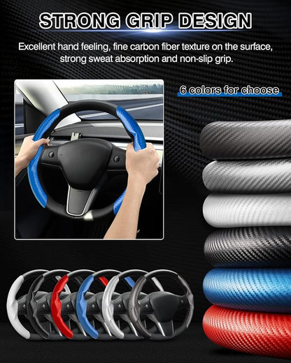 Canvcle Steering Wheel Cover for Tesla Model 3/Model Y Accessories Carbon Fiber Steering Wheel Cover Protector Anti-Slip, Comfortable Grip, Breathable, Model 3/Y Accessories, Blue