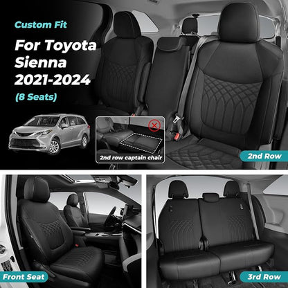 Customized for Toyota Sienna Seat Covers 2021-2026 Sienna 8 Seats 3 Row, Leather Car Seat Covers Waterproof Seat Covers Full Set for Cars, Car Seat Protectors, Airbag Compatible(Black)
