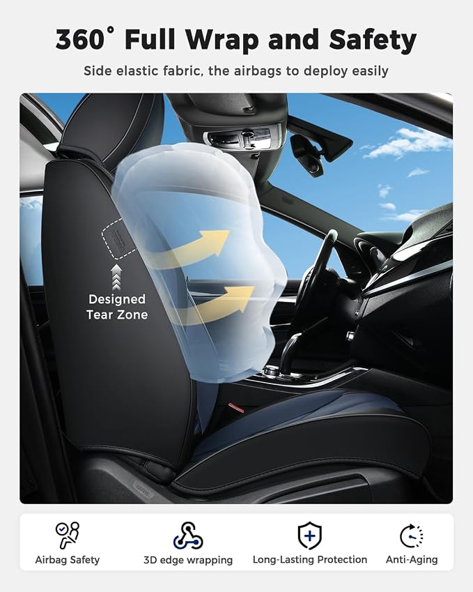 Huidasource Seat Covers Full Set, Universal Fit for Most Cars SUVs Trucks, Full Coverage Leather Seat Cover, Airbag, Cupholder Compatible, Seat Function Retain, Easy Install with Velcro, Black&Blue
