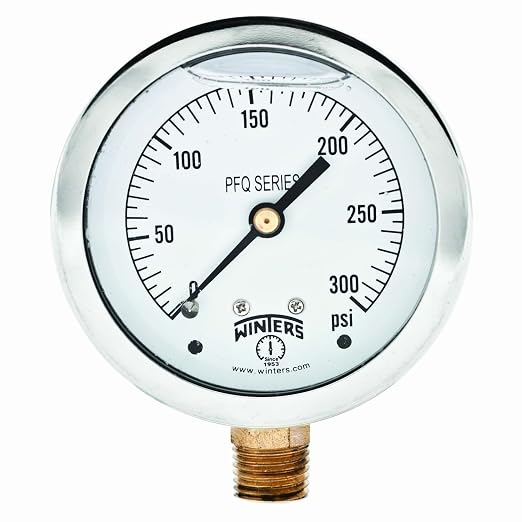 Winters 2-1/2" Dial Size, Liquid Filled Industrial Pressure Gauge, Brass Internals, 304 Stainless Steel Case, Single Scale 0-300 psi, 1.5% Acc, 1/4" NPT Bottom Mount, Glycerin Filled Pressure Gauge