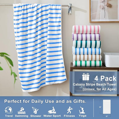 JML Microfiber Towels, Bath Towel Sets (4 Pack, 27" x 55") - Extra Absorbent, Fast Drying, Multipurpose for Bath, Swimming, Fitness, Sports, Yoga,Stripe Blue