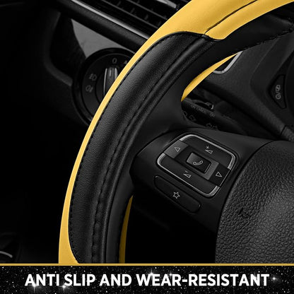 Road Comforts Leather Steering Wheel Cover - Made with PVC Leather - Anti-Slip, Universal Fit 14 1/2 inches to 15 inches - Yellow