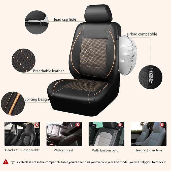 CAR PASS Piping PU Leather Car Seat Cover Full Set,Inside Zipper Design and Reserved Opening Holes,Airbag Compatible,Universal FIT for Car, SUVs,Van,Small Trucks（Full Set, Black & Gold）