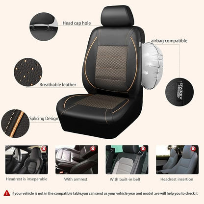 CAR PASS Piping PU Leather Car Seat Cover Full Set,Inside Zipper Design and Reserved Opening Holes,Airbag Compatible,Universal FIT for Car, SUVs,Van,Small Trucks（Full Set, Black & Gold）