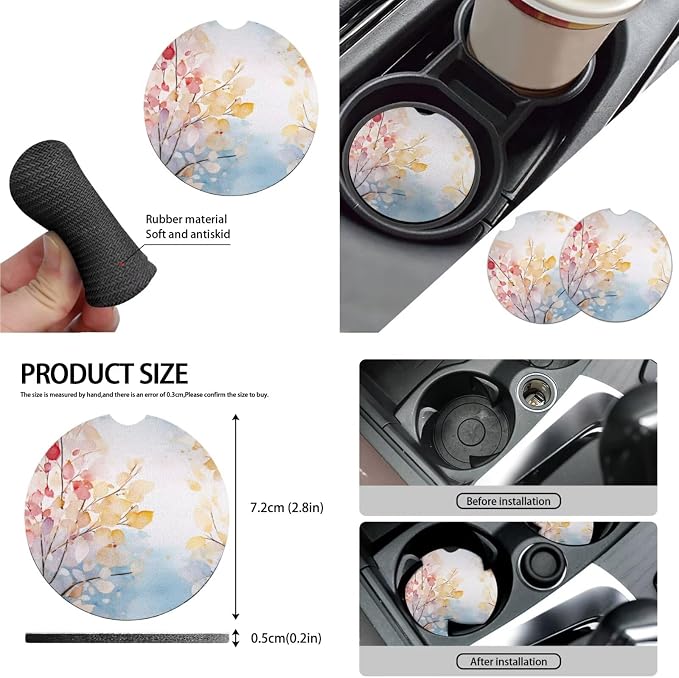 Forest Car Seat Cover Set of 10, Watercolor Tree Leaf Soft Automotive Rear Front Seat Protector Car Cover, Colorful Abstract Cherry Blossom Safety Belt Coaster Keychain