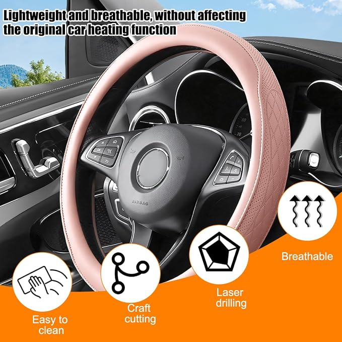 Zpana Car Steering Wheel Cover, 14.5-15" Breathable Soft Leather Vehicle Steering Wheel Protector with Anti-Slip Lining, Comfortable Auto Interior Decoration Accessories, Universal Fit (Pink)