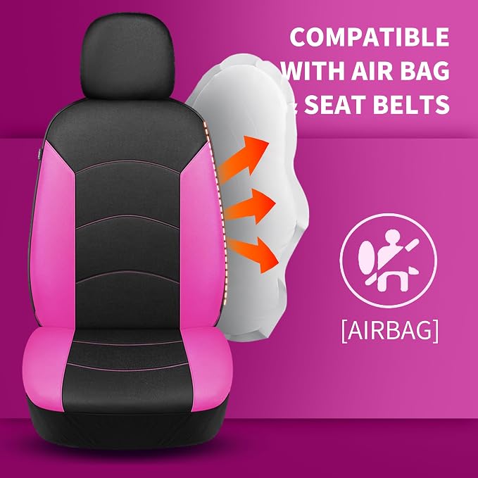 HChengkikz Car Seat Covers Full Set, Waterproof Neoprene Seat Covers, Airbag Compatible, Universal All Season Automotive Seat Covers for Most Cars, SUVs, Trucks (Black + Pink)