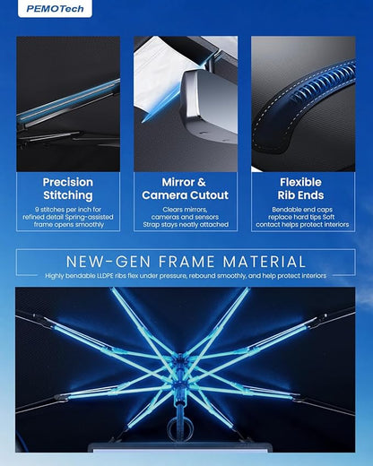 PEMOTech【for Chevrolet Spark/Sonic; MINI Cooper and Sports Cars & Coupes】Umbrella Windshield Sun Shade | Quick-Install Reliable UV Blocker&Heat Shield | Versatile Sun shade for Windshield (49"X25.6")