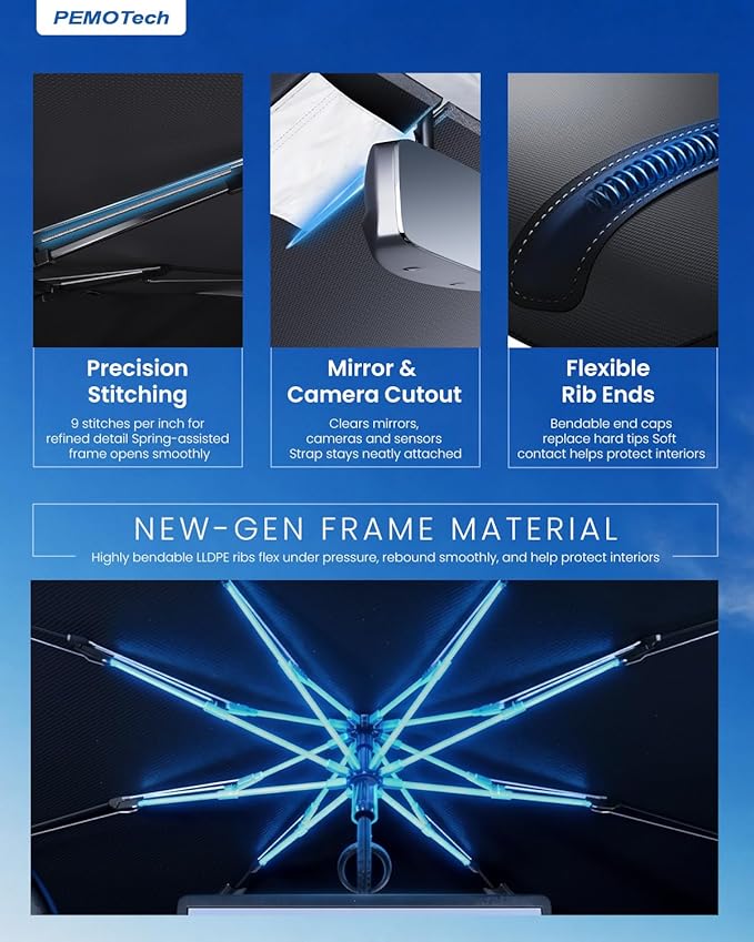PEMOTech 2026-Upgraded Umbrella Windshield Sun Shade for Four-door sedan and Large | Keep Cool & Protect Interior | Reliable UV Blocker&Heat Shield | Sun shade for Car Windshield | Medium (57"x32")