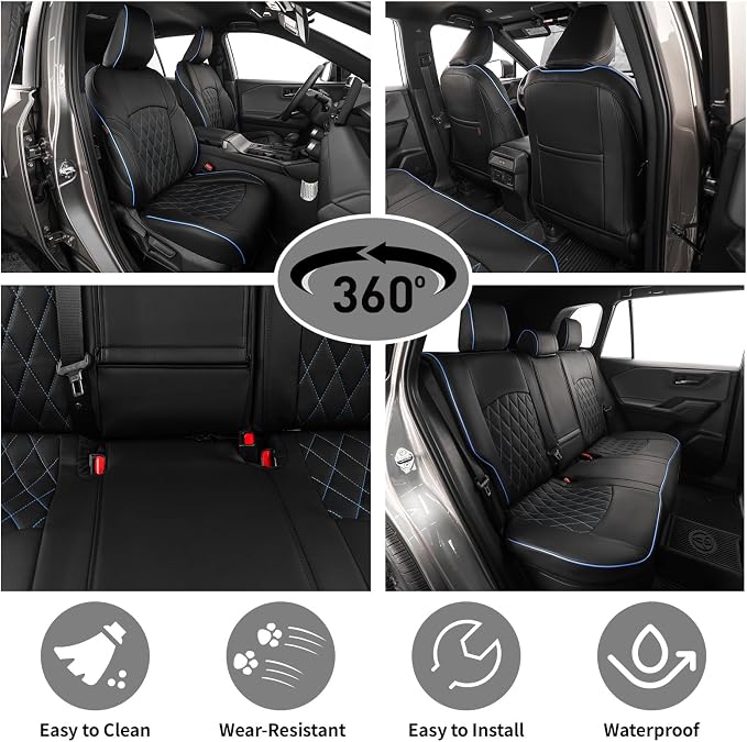 EKR Rav4 Seat Covers Custom Fit for Toyota Rav4 (Hybrid) SE/XSE & (PHEV) GR SPORT 2026, Car Seat Cover Full Set for Suv,Factory-Style Upgrade, Easy-Wipe Protection,Faux Leather(Black with Blue Piping)