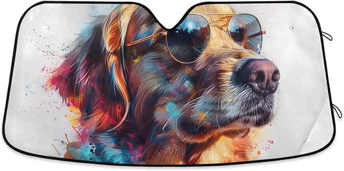 Funny Golden Retriever Dog Windshield Sunshade Car Sun Shade Blocks UV Rays Visor Protector Accordion Folding Sun Reflector Auto Sunshade for Truck SUV