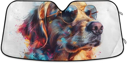 Funny Golden Retriever Dog Windshield Sunshade Car Sun Shade Blocks UV Rays Visor Protector Accordion Folding Sun Reflector Auto Sunshade for Truck SUV