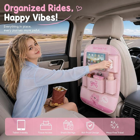 YUNZLAN Leather Backseat Car Organizer, Kick Mats Back Seat Protector with Touch Screen Tablet Holder Back Seat Organizer for Kids with 4 Storage Pockets Travel Accessories (PinkPinkCat)