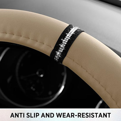 Road Comforts Leopard Steering Wheel Cover for Women, Cute Anti-Slip Microfiber Leather, Fits D Shape Flat Bottom Steering Wheel 14.5-15 Inch - Beige