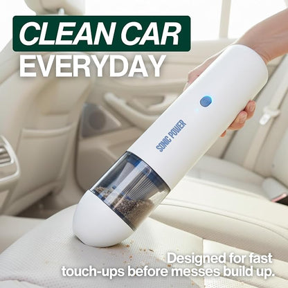 SonicPower Portable Cordless Car Vacuum, 15000Pa High Suction Handheld Vacuum Cleaner, 2-in-1 Vacuum & Blower, with 4 Attachments & Portable Storage Bag for Car, Home, Pet & Office (White & Blue)