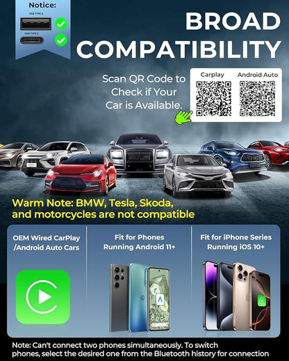 AuroraLink Wireless Carplay & Android Auto Adapter 2-in-1 Fast & Stable Carplay Wireless Adapter Convert Wired to Wireless Car Play Dongle for iOS 10+/Android 11+ (Blue)