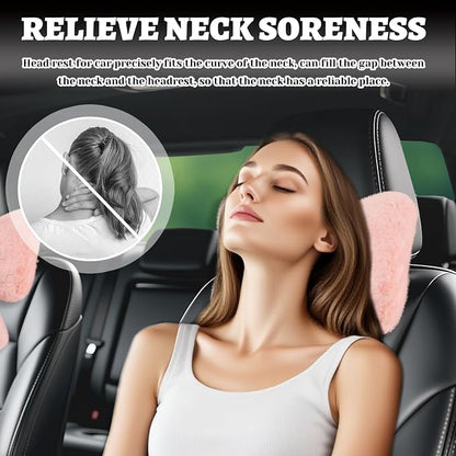 Furry Bow Car Headrest Pillow,Soft & Comfortable Car Neck Pillow for Cars Decorations & Fatigue Relief,Universal Head Rest Pillows for Cars Interior Accessories for Trucks,SUVs (Pink)