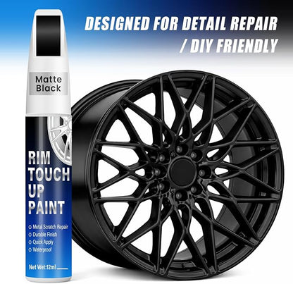 Matte Black Rim Touch Up Paint, 2-in-1 Brush & Tip, 0.4 fl oz - Universal Black Rim Curb Rash Repair Kit for Scratches, Scuffs Alloy/Metal Wheels, OEM Color Match, Quick-Dry & Long-Lasting