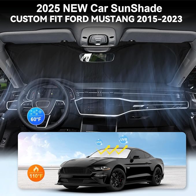 Sunshade for Mustang 2015-2025 2026 Ford Windshield Sun Shade (NOT for Ford Mustang Mach-E Accessories Foldable Front Window Shield Windshield Cover Sun Visor Protector Block UV Ray Heat Reflector