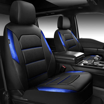 CAR PASS Memory Foam Leather Seat Covers,Air Cool Mesh Thick Car Seat Covers Front Seats Blue Leather Seat Covers for Cars Universal for SUVs Trucks,Airbag Compatible Comfort Durable,Black Blue Metal