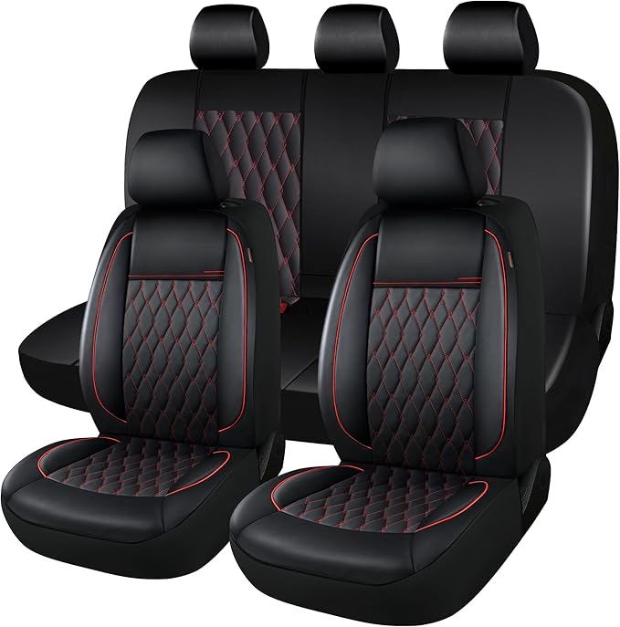 CAROMOP Faux Leather Car Seat Covers Full Set,Luxury and Comfortable Covers for Cars,Split Bench Compatible Car Interior Covers,Universal Fit for Suvs,Vans,Trucks,Airbag Compatible(5-Seat Black/Red)