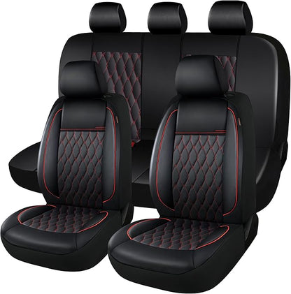 CAROMOP Faux Leather Car Seat Covers Full Set,Luxury and Comfortable Covers for Cars,Split Bench Compatible Car Interior Covers,Universal Fit for Suvs,Vans,Trucks,Airbag Compatible(5-Seat Black/Red)