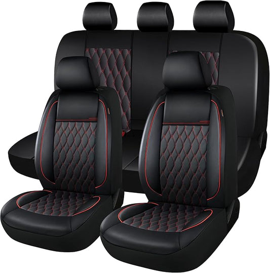 CAROMOP Faux Leather Car Seat Covers Full Set,Luxury and Comfortable Covers for Cars,Split Bench Compatible Car Interior Covers,Universal Fit for Suvs,Vans,Trucks,Airbag Compatible(5-Seat Black/Red)
