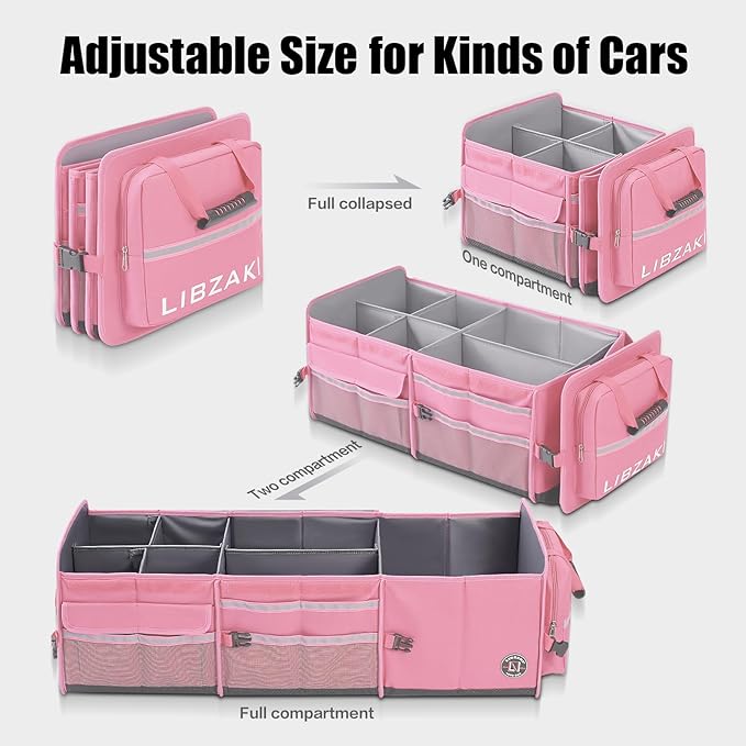 LIBZAKI Oversize 4 in 1 Car Trunk Storage Organizer, Multi Compartment Collapsible Trunk Storage Box with Cooler Bag for Car Truck SUV-Pink