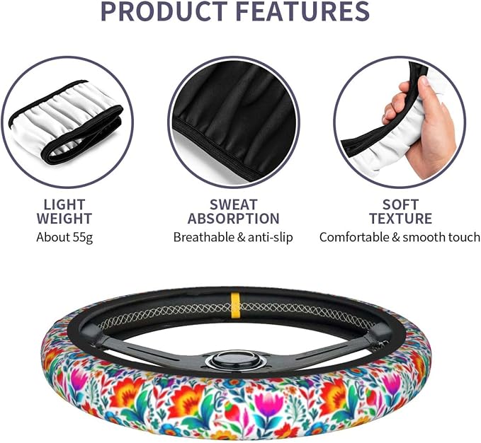 Mexican Floral Steering Wheel Covers Non Slip Neoprene Universal 15 Inch Steering Wheel Protector Car Cover for Men Women