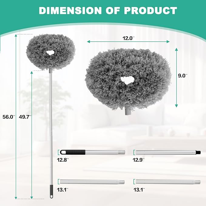 Ceiling Fan Cleaner Duster Reusable Microfiber Ceiling Fan Blade Cleaner Removable Duster with Extension Pole Adjusts 13 to 49.7 Inch for Cleaning Walls Bookshelves Furniture Door Window Top (Gray)