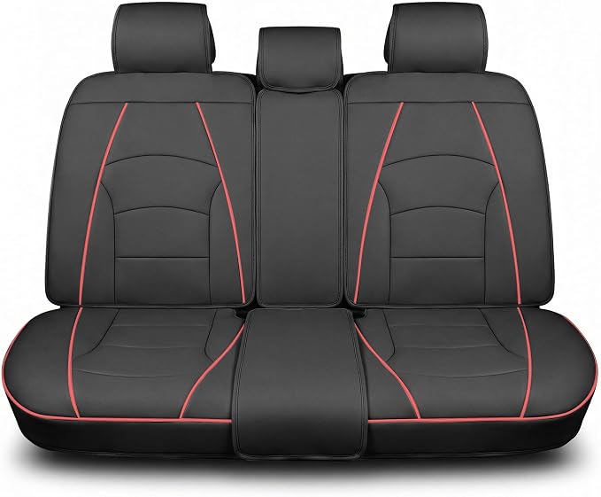FH Group Back Seat Faux Leather Car Seat Cover - Universal Fit, Rear Seat Covers for Cars with Rear Split Bench, Car Seat Cushions for SUV, Sedan, Van, Black Red Trim