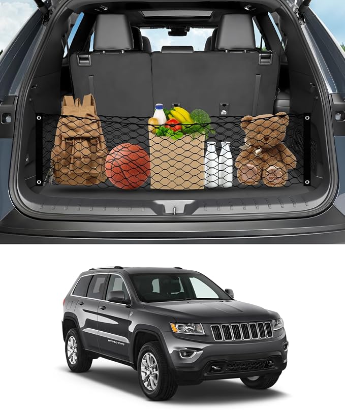 Cargo Net for Jeep Grand Cherokee 2011-2021, Karltys Trunk Net for Grand Cherokee Accessories Envelope Style Netting with Metal Hooks, Highly Elastic Trunk Cargo Organizer and Storage for Cherokee