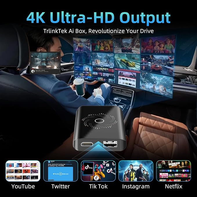 AI Box Wireless CarPlay & Auto Adapter - Plug & Play, Dual-Band WiFi, Bluetooth 5.4, 4K Video Support, Android 13.0 System, Compatible with Factory CarPlay & Android Auto （4GB RAM+32GB ROM）