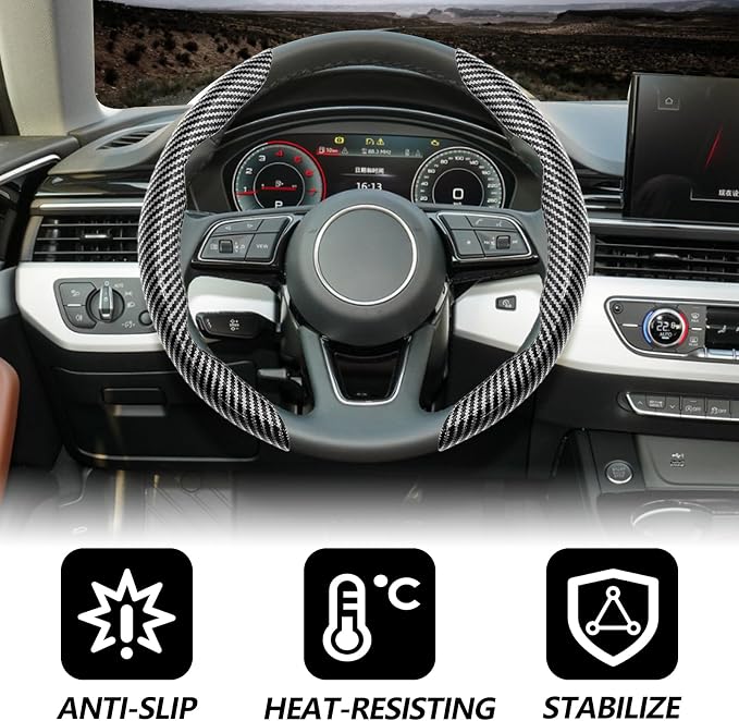 2pcs Universal Fit Carbon Fiber Steering Wheel Cover, Anti-Skid Steering Wheel Cover/Segmented Steering Wheel Protector/Car Interior Accessories (Bright Black)
