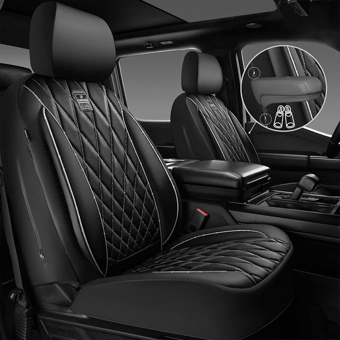 CAR PASS Piping Luxury Leather Two Front Car Seat Covers,Silver Glitter Waterproof Seat Cover Compatible with Front Seat Armrests,Universal Fit for Suvs,Vans,Trucks,Airbag Compatible(Black and Silver)