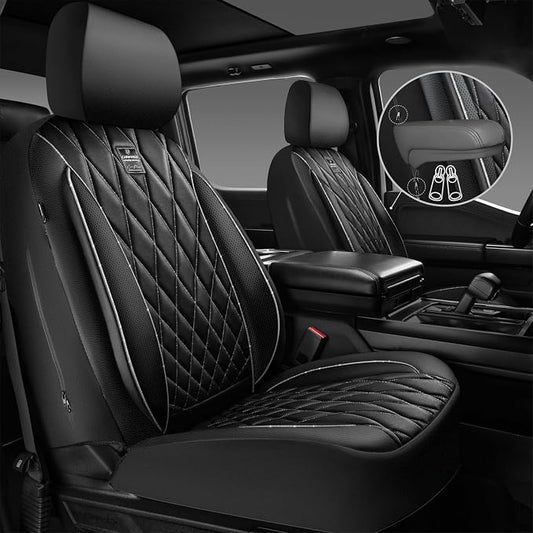 CAR PASS Piping Luxury Leather Two Front Car Seat Covers,Silver Glitter Waterproof Seat Cover Compatible with Front Seat Armrests,Universal Fit for Suvs,Vans,Trucks,Airbag Compatible(Black and Silver)