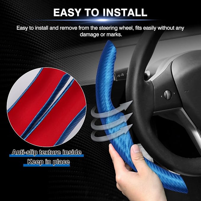 Canvcle Steering Wheel Cover for Tesla Model 3/Model Y Accessories Carbon Fiber Steering Wheel Cover Protector Anti-Slip, Comfortable Grip, Breathable, Model 3/Y Accessories, Blue