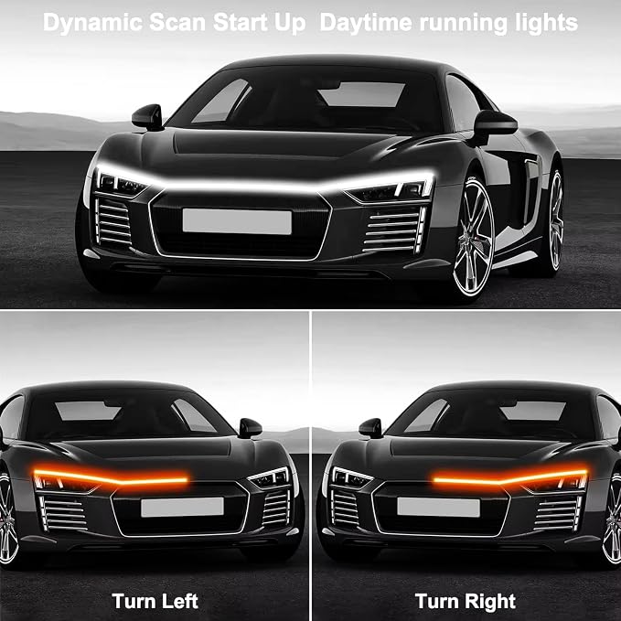 Car LED Hood Light Strip, 12V Flexible Waterproof Daytime Running Lights for Car, Universal Engine Cover Decoration Accessories for Cars, SUVs, Trucks, Dynamic Scan Start-up Effect (RGB, 70 Inches)