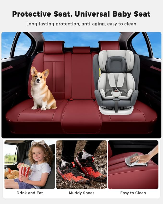 Huidasource Rear Car Seat Cover Luxury Nappa Leather, Rear Seat Cover with Velcro Adjustable, Ventilation Holes, Child Seats, Back Seat Covers for Cars Universal Fit for Most Cars SUV Trucks, Red