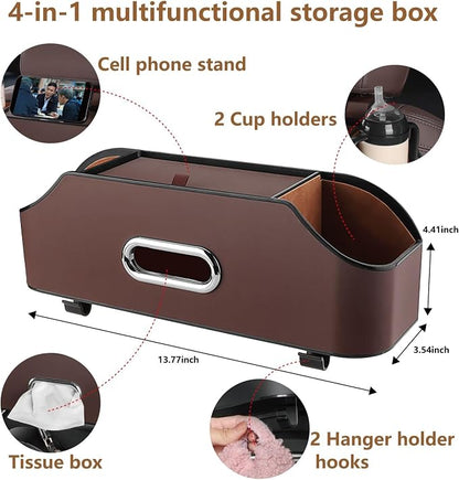 Backseat Car Organizer with 2 Drink Cup Holder - Tissue Holder - Car Seat Hooks for Headrest - Multi-functional Storage for Travel - Perfect for Kids, Adults(Brown)