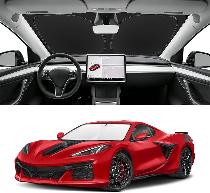 Custom Fit Windshield Sun Shade for Chevy Corvette c8 2020-2026, Blocks UV & Heat, Front Window Sunshade Accessories, Easy Fold & Store Keep Your Car Cooler