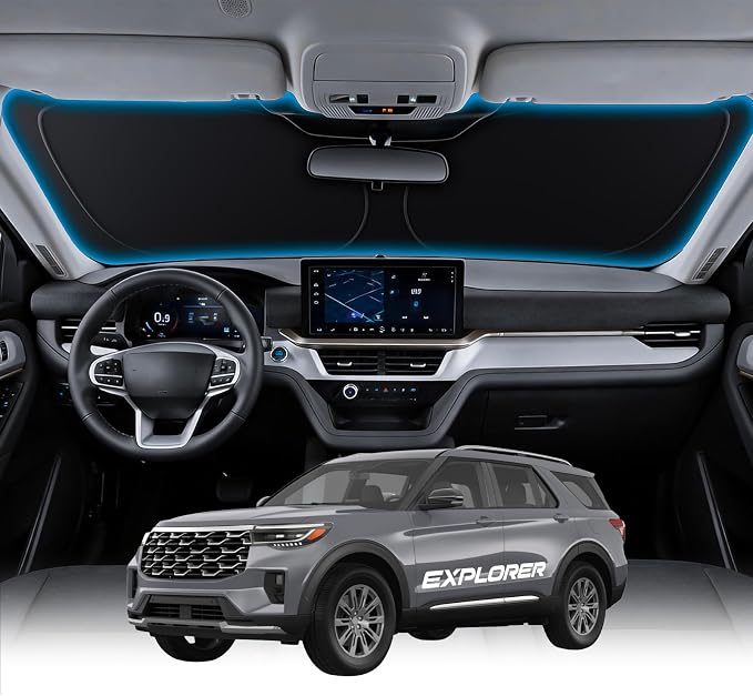 Wigoo for Ford Explorer Windshield Sunshade [OEM Design, 100% Sun Blockage] Foldable Heat Insulation Sun Shade with Storage Bag, for Ford Explorer (2020-2026), Silver Coating