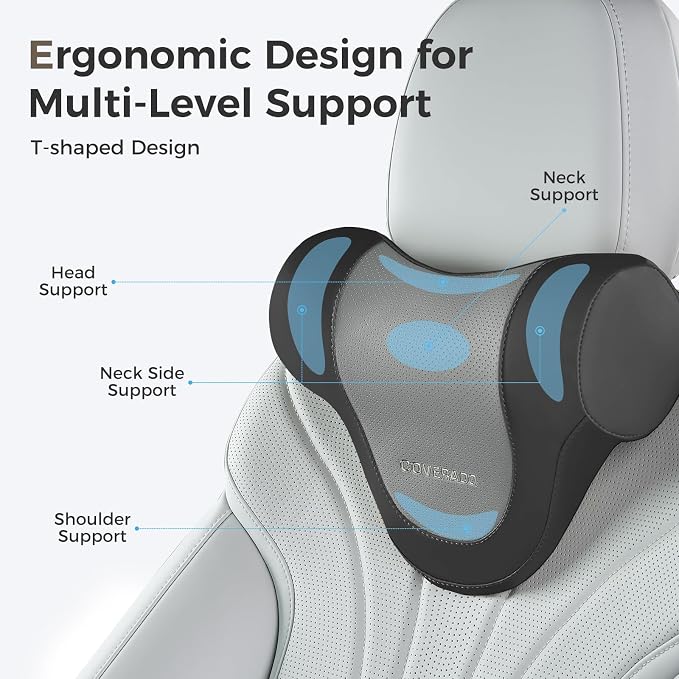 Coverado Car Headrest Pillow, Ergonomic Memory Foam Car Neck Pillow for Driving Seat with Adjustable Strap, Soft PU Leather Breathable Removable Cover Neck Support for Neck Pain Relief