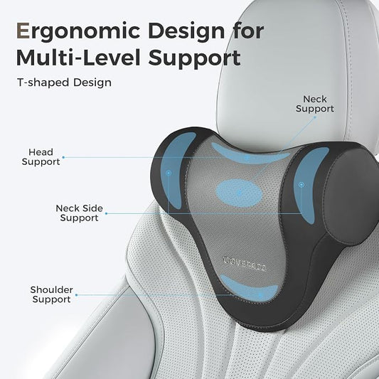 Coverado Car Headrest Pillow, Ergonomic Memory Foam Car Neck Pillow for Driving Seat with Adjustable Strap, Soft PU Leather Breathable Removable Cover Neck Support for Neck Pain Relief