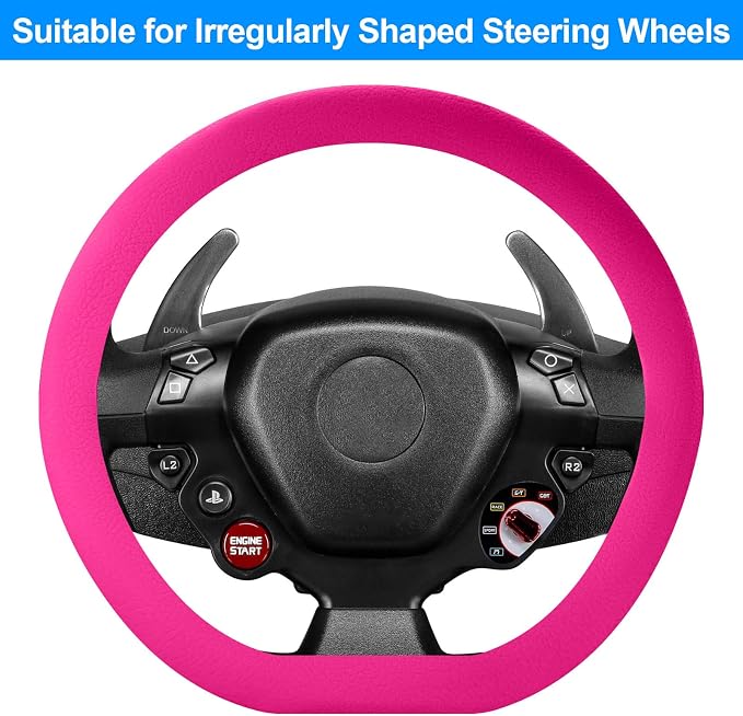 Spurtar Hot Pink Car Steering Wheel Cover Women, Hot Pink Car Accessories Cute Soft Silicone Leather Texture Steering Wheel Protector, Fit Diamenter 15" - 16.5"